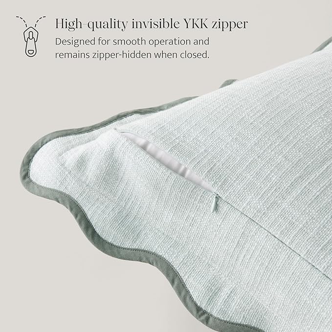 Double Stitch Scalloped Throw Pillow Covers - 100% Cotton Set of 2 Decorative Boho Pillow Covers 18 x 18, Made in India, Square Cushion Case, Modern Home Decor for Couch Sofa Living Room, Aqua Mint