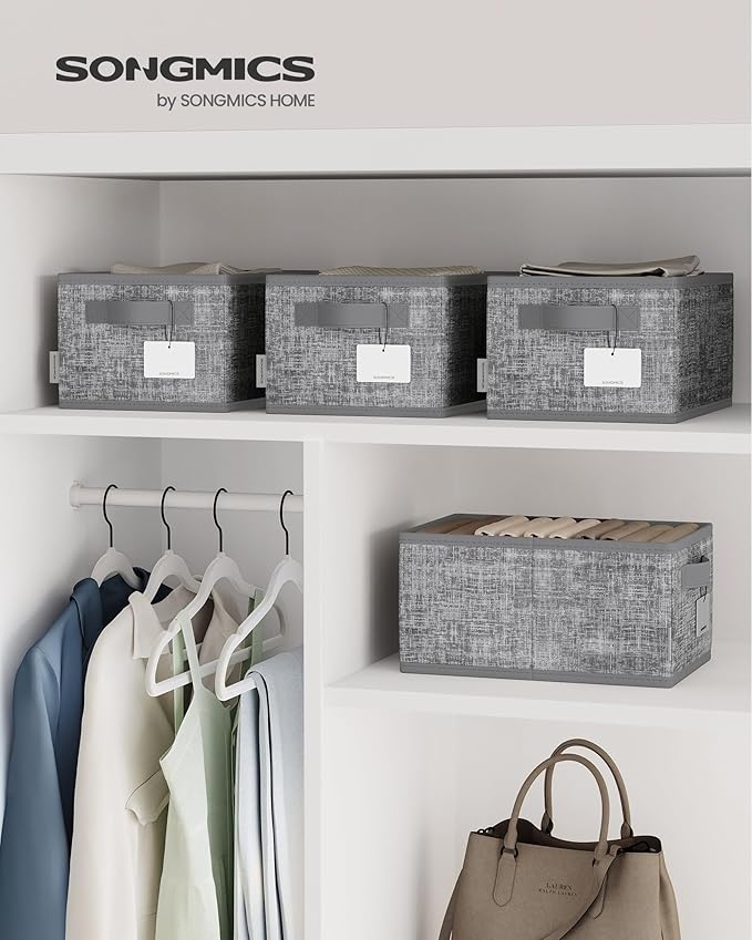 SONGMICS Storage Cubes, 11.8 x 7.9 x 5.9 Inches Non-Woven Fabric Bins with Double Handles, Set of 3, Closet Organizers for Shelves, Foldable, for Clothes, Cattail Gray UROB415G01