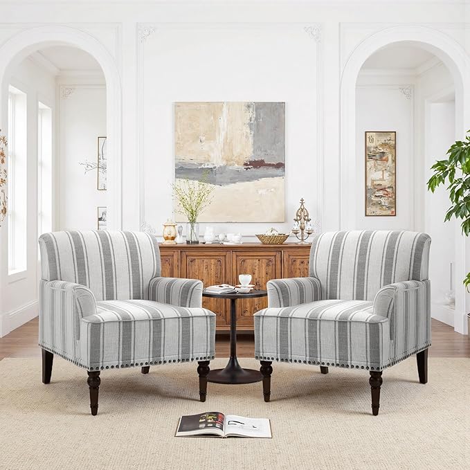 Pia Ricco Stripe Accent Chair-Modern Nailhead Trim & Wood Legs Armchair - Comfy Living Room, Bedroom, or Home Office Seating-Gary