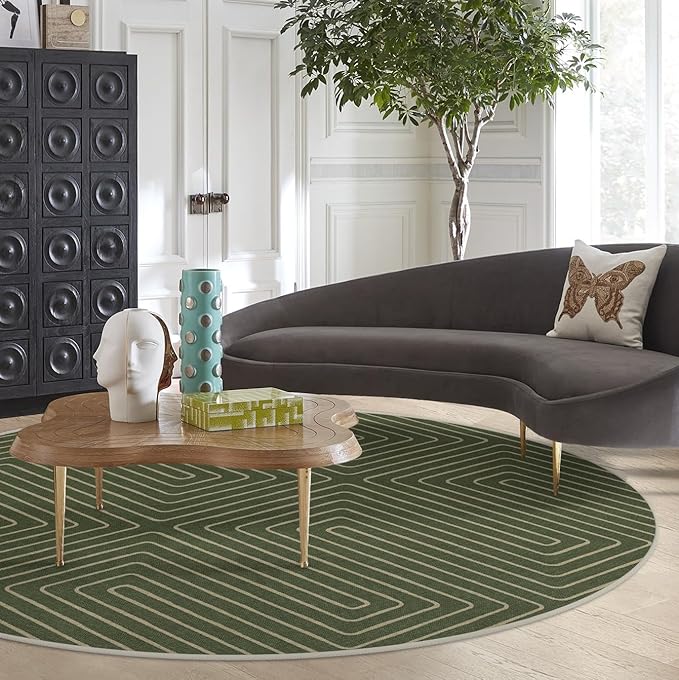 RUGGABLE x Jonathan Adler Machine Washable Area Rug – Labyrinth Fern Green 6 ft Round, Stain-Resistant, Non-Slip – Medium Rugs for Living Room, Bedroom, Hallway, Entryway & Office–with Standard Pad