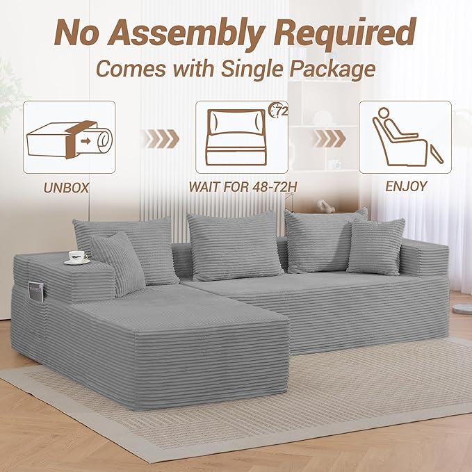105" Cloud Sectional Couch, Modular Sectional Sofa with L-Shape Chaise, Corduroy Boneless Couches for Living Room, No Assembly, Grey