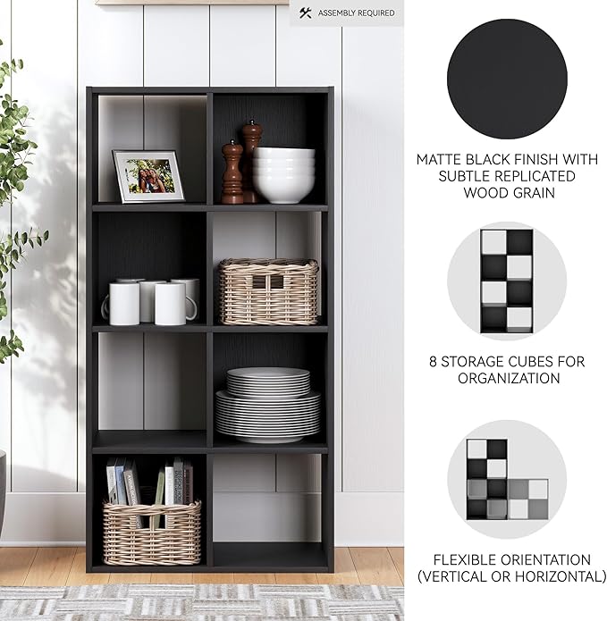 Signature Design by Ashley Langdrew 8 Cube Storage Organizer, Matte Finish, Wood & Decorative Laminate, 23.74" W x 11.81" D x 47.05" H, Black