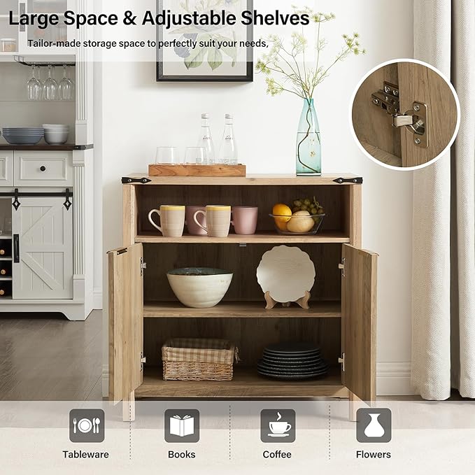 Buffet Cabinet with Storage - Modern Farmhouse Rustic 32 Fluted Sideboard Storage Cabinet Buffet with Adjustable Shelves, Coffee Wine Bar Organizer for Dining Room (Sunwashed Ash Oak)