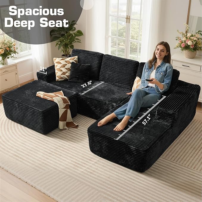 106" Cloud Sectional Couch with L-Shape Chaise & Ottoman, No Assembly Modular Sofa, Deep Seat Plush Corduroy Boneless Couched for Living Room (Black Plush Corduroy, Right Facing Chaise with Ottoman)