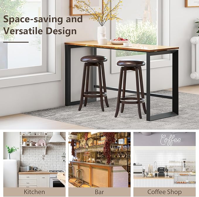 COSTWAY 29-Inch Swivel Bar Stools Set of 2, Upholstered Barstools w/PU Leather Seat & Solid Rubber Wood Legs, Mid-Century Backless Round Bar Height Stools w/Footrest for Kitchen Home Bar