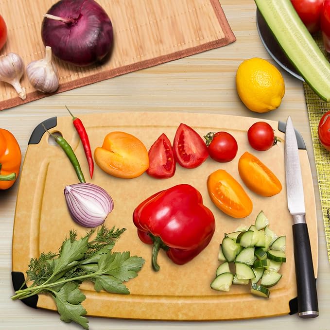 Dishwasher Safe Cutting Boards for Kitchen - Extra Large Composite Wood Cutting Board with Non-Slip Feet & Juice Groove - Thin & Lightweight Eco-Friendly Chopping Board (18" × 12", Natural)