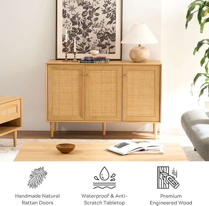 Rattan Storage Cabinet with 3 Doors, Boho Sideboard Buffet Cabinet Solid Wood Farmhouse Credenza Cabinet with Adjustable Shelves for Living Room Kitchen Entryway Hallway, Natural Oak