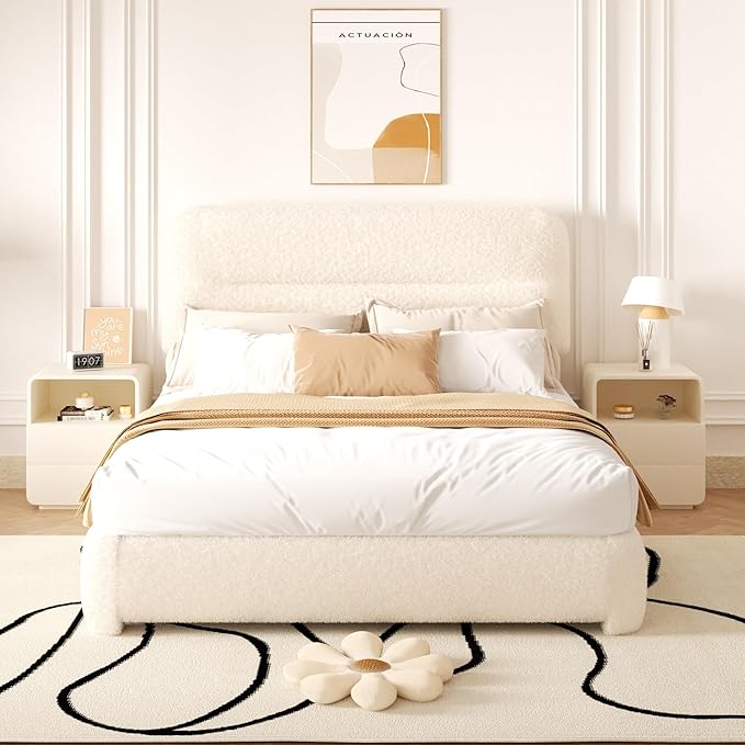 Full Size Cloud Bed Frame, Upholstered Boucle Platform Bed with Adjustable Headboard, Anti-Collision Soft Rounded Corners, Noise Free, Easy Assembly, Cream