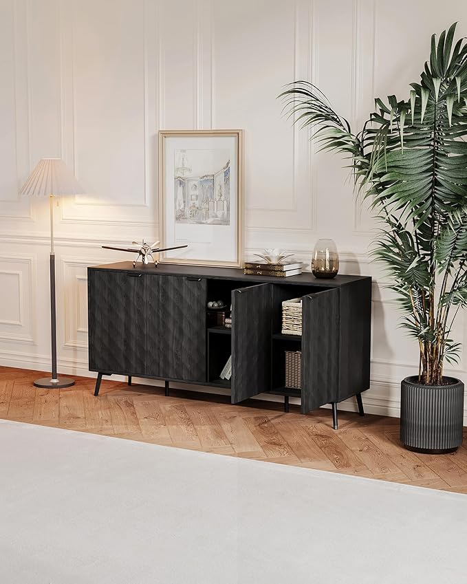 Mid-Century Modern Sideboard Cabinet, 63” Buffet with Storage, Diamond-Textured Credenza with 4 Doors, Multifunctional Accent Cabinet for Kitchen, Dining Room, Living Room (Matte Black)