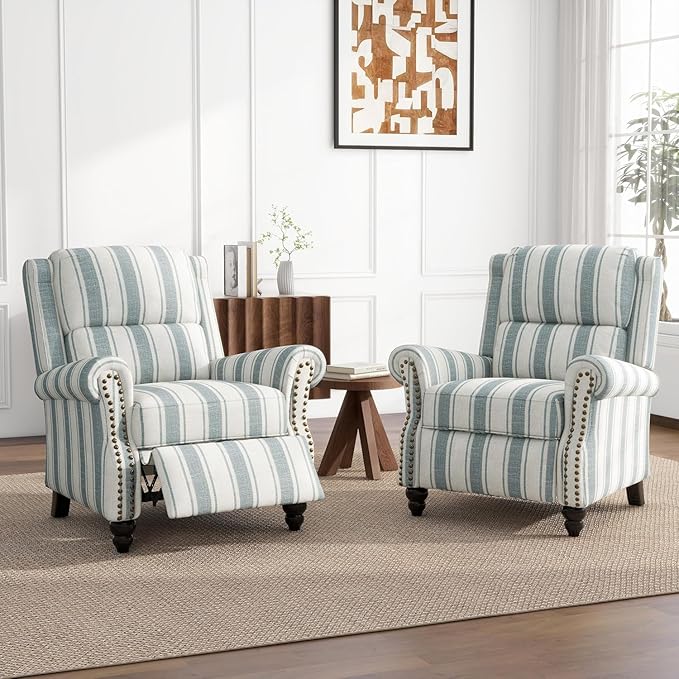 UIXE Pushback Recliner Chair Accent Chairs, Fabric Armchair Push Back Club Arm Chair for Living Room, Rivet Trim Overstuffed Home Theater Single Sofa Bedroom Reading Seat with Footrest - Stripe Blue