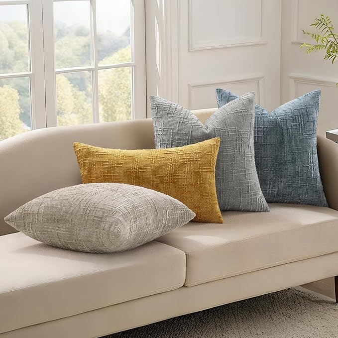 decorUhome Neutral Grey Chenille Throw Pillow Covers 22x22 Set of 2 Thick Textured Slubby Couch Pillow Covers Farmhouse Accent Modern Neutral Decorative Pillow Cases for Bed Sofa Living Room