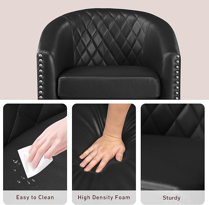 Prilinex Comfy Barrel Accent Chair - Faux Leather Living Room Chair Club Chair with Cushion, Diamond Grid Backrest & Nailhead Trim, Guest Chair for Office, Bedroom & Waiting Room, Black