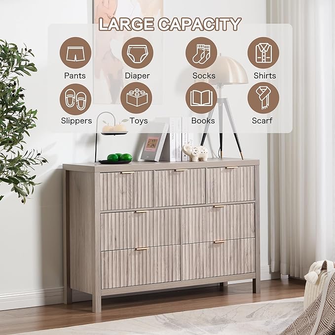 Fluted Dresser for Bedroom with 7 Drawers, 47" Wide Modern Chest of Drawers, Wood Dresser TV Stand Wooden Closet Clothes Storage Organizer for Bedroom, Living Room, Hallway - Oak Grey