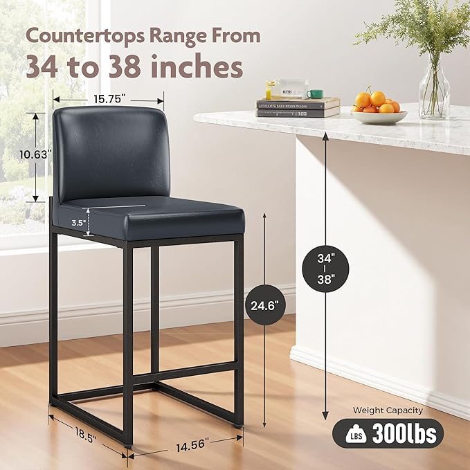 ALPHA HOME 24 Inch Bar Stools Set of 3, Kitchen Counter Stools with Backs, PU Leather Barstools, Kitchen Stools with Back&Upholstered Footrest, Sturdy Chromed Metal Steel Frame, Midnight Blue