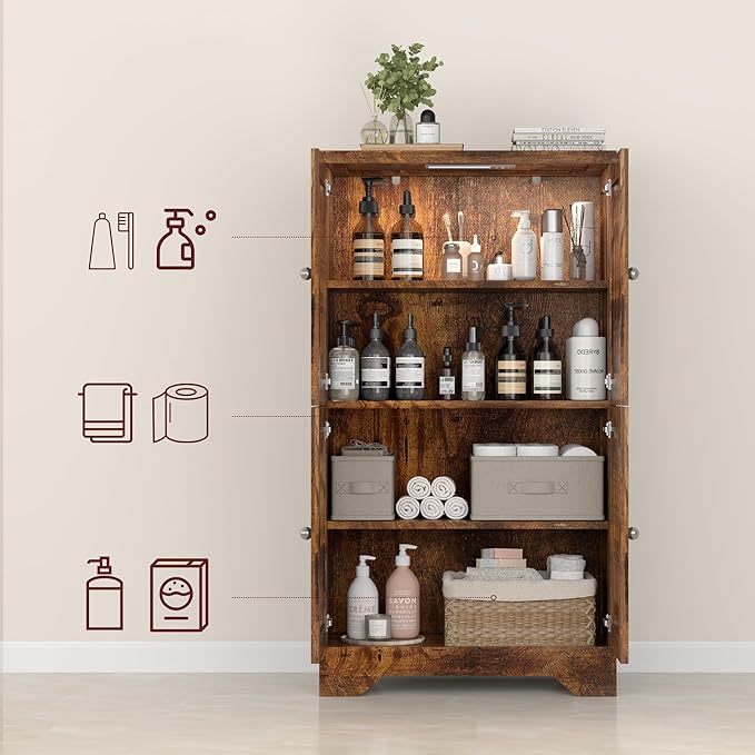 PARTPHONER Bathroom Floor Storage Cabinet with Cabinet Lights, Modern Storage Cabinet with 4 Doors and Adjustable Shelves, Buffer Hinges, Brown Pantry Cabinet for Living Room & Kitchen
