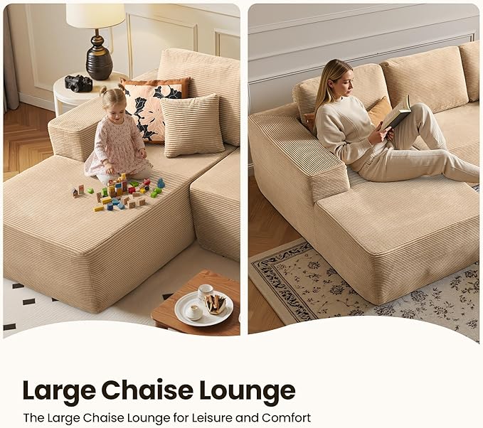 104" Cloud Sectional Couch with Chaise, Boneless L-Shaped Cloud Couch with Deep Seat, Corduroy Modern Minimalist Sofa, Assembly Free Comfy Sofa for Office Living Room Apartment(Camel, Left Chaise)