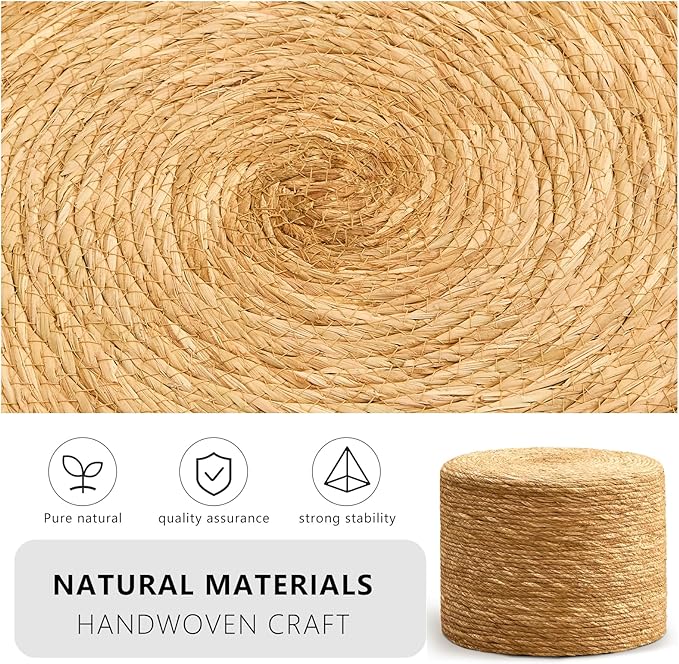 Wimarsbon Round Pouf Ottoman, Natural Hand Knitted Footrest Poof, Rustic Lounge Pouffe, Boho Pous Foot Stool, Accent Table or Seat (Natural Cattail, 15.7 * 15.7 * 11.8)