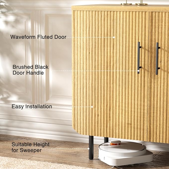 Buffet Cabinet with Storage, Sideboard with 2 Doors, Adjustable Shelf, Fluted Accent Cabinet for Living Room, Modern,Natural