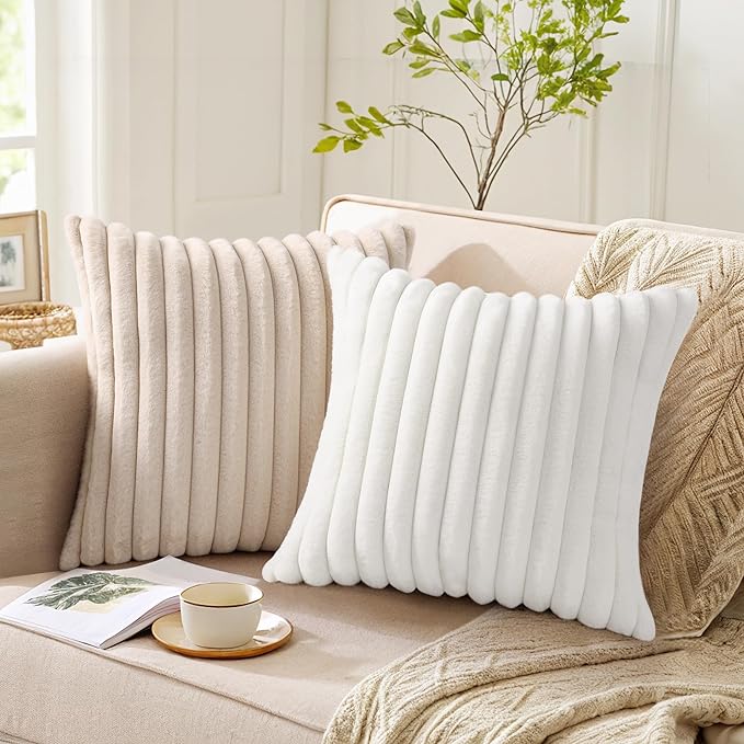 Pallene Faux Fur Plush Throw Pillow Covers 18x18 Set of 2, Luxury Soft Fluffy Striped Decorative Pillow Covers for Sofa, Couch, Living Room, White