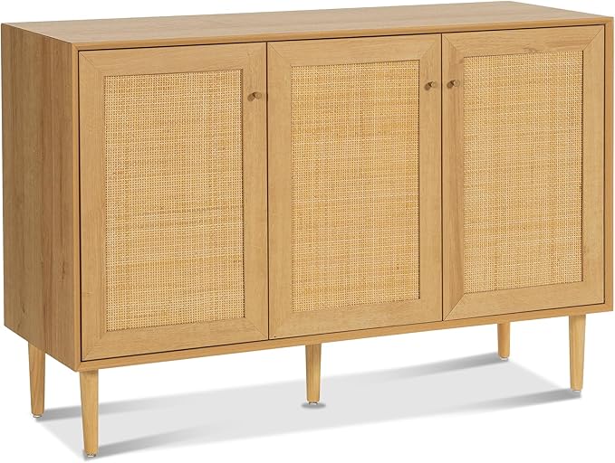 Rattan Storage Cabinet with 3 Doors, Boho Sideboard Buffet Cabinet Solid Wood Farmhouse Credenza Cabinet with Adjustable Shelves for Living Room Kitchen Entryway Hallway, Natural Oak