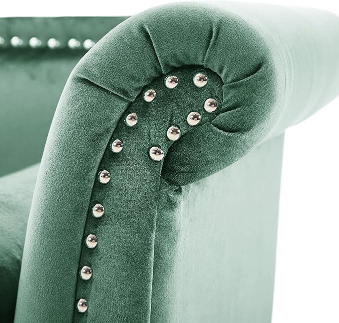 Christopher Knight Home Aurora Velvet Chaise Lounge Indoor with 2 Bolster Pillows, Upholstery Entryway Bench with Nailhead Trim & Curved Arms, End of Bed Bench Ottoman and Wooden Legs, Green