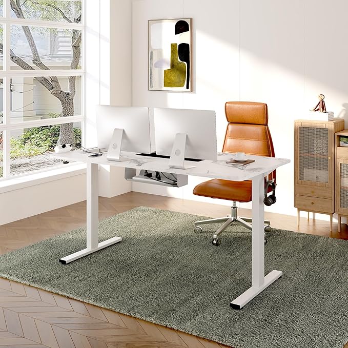 FLEXISPOT EN2 Whole-Piece Standing Desk with Clamp Power Strip, 48 x 30 Electric Stand Up Height Adjustable Desk with Cable Management (White Frame + 48" White Desktop, 2 Packages)