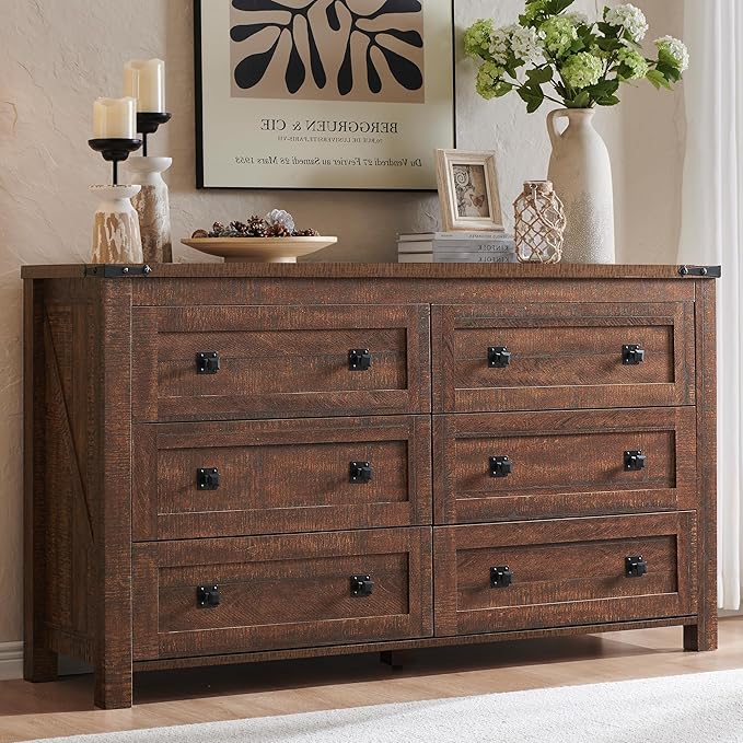 T4TREAM Farmhouse 6 Drawers Dresser for Bedroom, Wood Rustic Wide Chest of Drawers, Storage Dressers Organizer for Bedroom, Living Room, Hallway, Reclaimed Barnwood Color