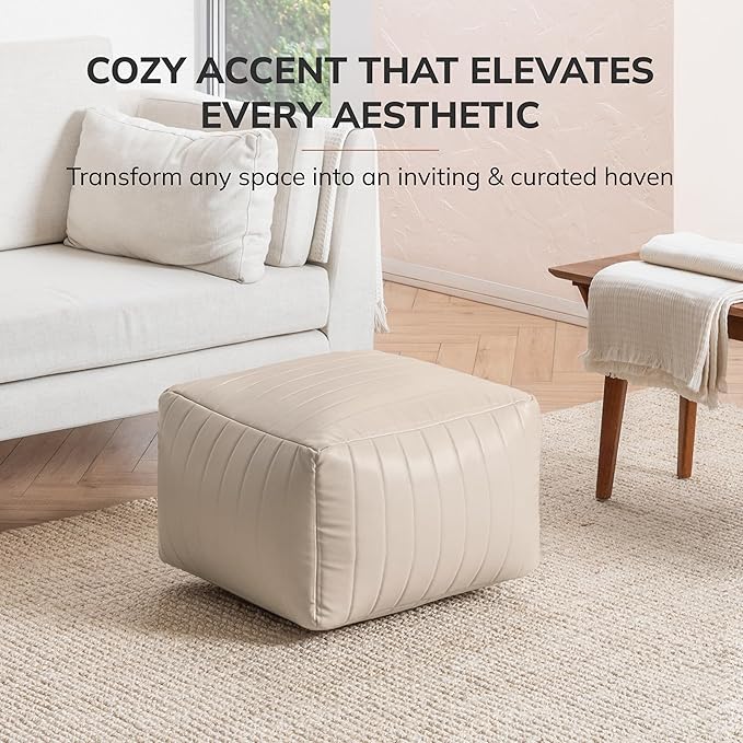 Anji Mountain 100% Handmade & Handcrafted Comfortable Home Décor Pouf Ottoman Footrest for Living Room, Bedroom, Nursery, Kidsroom, Patio Furniture - (22" x 22" x 16" - Cream)