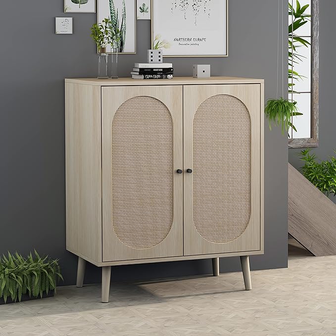 Sideboard Buffet Cabinet, High Kitchen Storage Cabinet with Rattan Doors and Adjustable Shelves, Accent Home Furniture for Living Room, Bedroom (Natural)