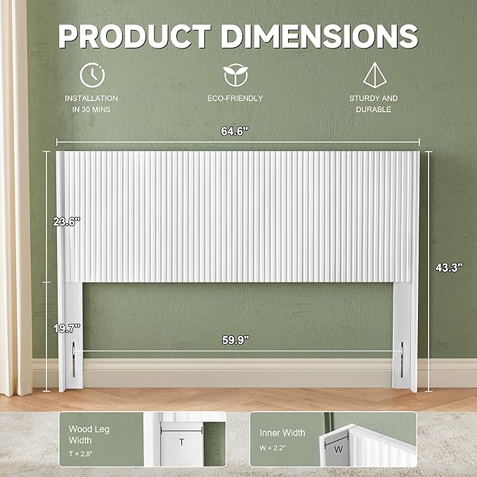 Wood Headboard Queen Size, 64.6" Wide Wooden Queen Headboard Only, Wingback Boho Headboards, Modern Farmhouse Headboards, Wall Mounted Fluted Panel, Snow White