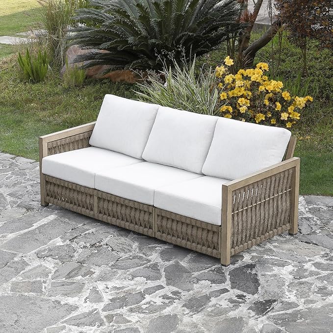 3 Seats Outdoor Sofa, Aluminum Patio Sofas with Washable Cushions, 3-Seater Rope Weave Outside Patio Couch, Deep Seating Outdoor Sofa Furniture for Garden, Decks, Porch, Balcony, Gray Oak