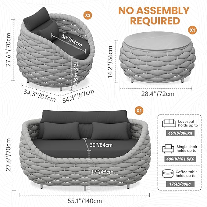 Fully Assembled Patio Furniture Set: 5-Piece Woven Rope Outdoor Conversation Set Cushioned - Modern Metal Deck Loveseat Chair Table Set - Porch Seating for Courtyard Garden Poolside Hotel Resort