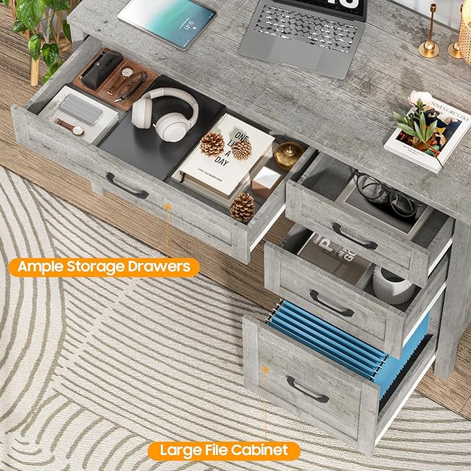 Farmhouse 47" Executive Desk, Computer Desk with File Drawer and Charging Station, Workstation for Home Office, Study（Grey）.