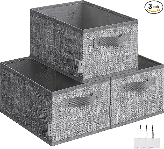 SONGMICS Storage Cubes, 11.8 x 7.9 x 5.9 Inches Non-Woven Fabric Bins with Double Handles, Set of 3, Closet Organizers for Shelves, Foldable, for Clothes, Cattail Gray UROB415G01
