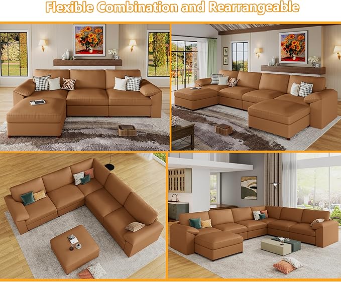 EASE MOOSE Oversized Corner Modular Sectional Sofa, Faux Leather Sectional Sofa with Deep Seat, Scratch Resistant Faux Leather Material, Extra Large L Shaped Couch, Brown