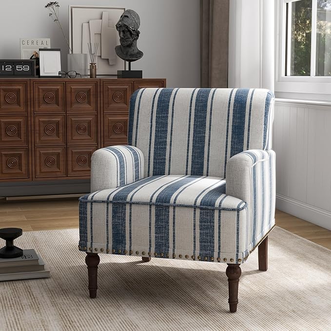 UIXE Stripe Accent Chair Arm Chair, Modern Nailhead Trim Club Armchair with Wood Legs, Comfy Living Room Single Sofa Reading Seat Bedroom Side Seating for Home Office, Dark Blue