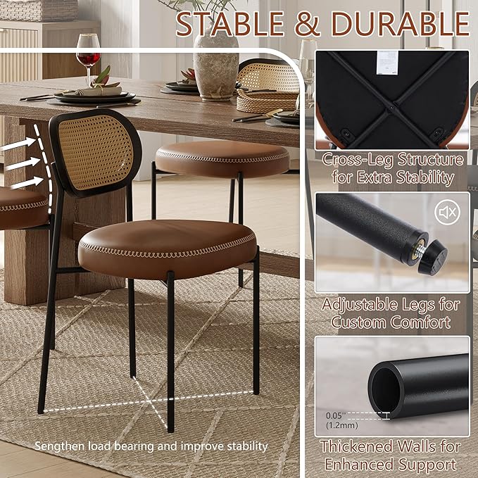 Rattan Dining Chairs Set of 4, Camel Leather Upholstered Dining Chairs with Rattan Cane Back, Mid Century Modern Dining Room Chairs with Black Metal Legs & D-Shaped Thicken Cushion, Camel