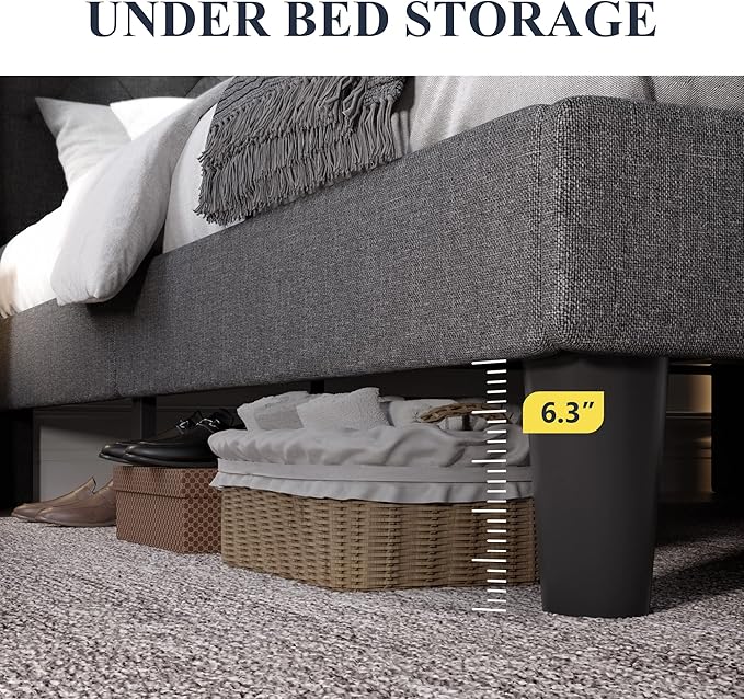 Allewie Queen Size Bed Frame with Button Tufted Wingback Headboard, Upholstered Platform Bed with Wooden Slats Support - No Box Spring Needed, Noise-Free, Easy Assembly, Dark Grey