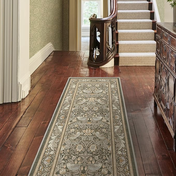 RUGGABLE x Morris & Co Washable Area Rug–Strawberry Thief Stone Gold 9x12, Stain-Resistant, Non-Slip–Large Machine Washable Rugs for Living Room, Bedroom, Hallway, Entryway & Office–with Standard Pad