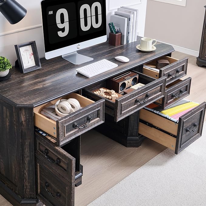 RedLemon 60" Executive Desk with Drawers,Wood Home Office Desk, Featuring Keyboard Tray,Charging Station,File Drawer, Storage Cabinet,for Work and Study (Dark Rustic Oak)