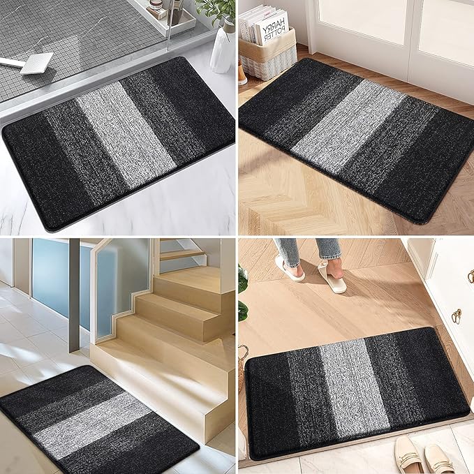 Kitinjoy Indoor Outdoor Door Mat, 48x32 Non-Slip Absorbent Dirt Trapper, Low-Profile Washable Inside Entrance Front Floor Mat, Sturdy Soft Entry Doormats for Entryway, Black