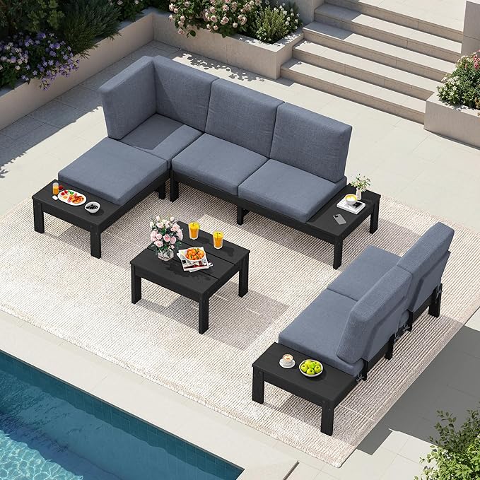 SERWALL HDPE Outdoor Sofa Set, All-Weather Patio Furniture Set, Seats 6, Modular Sectional Patio Furniture for Deck, Yard and Balcony, Black Frame with Grey Cushion
