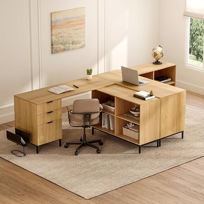 Fluted Executive Desk with Storage Cabinet, 60" Modern Flexible Home Office Desk, Large Wood Convertible Computer Standing Up Desk with File Drawer, L Shaped Writing Desk Natural Oak