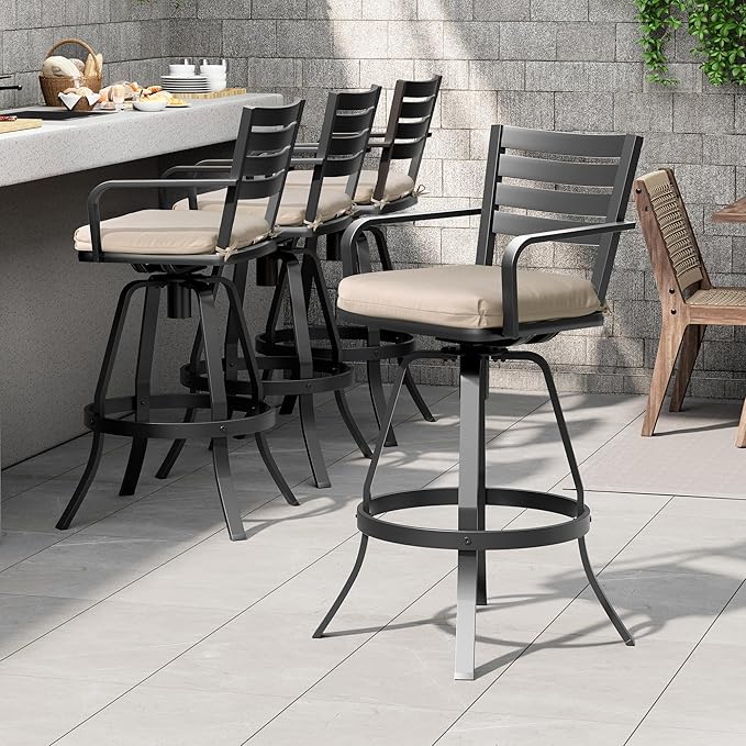 Pellebant Patio Swivel Barstools Set of 6, Aluminum 29.5" Outdoor Bar Height Stool Chairs with Back & Footrest,Rust-Proof Tall Patio Bar Stools for Deck Lawn Garden,Beige