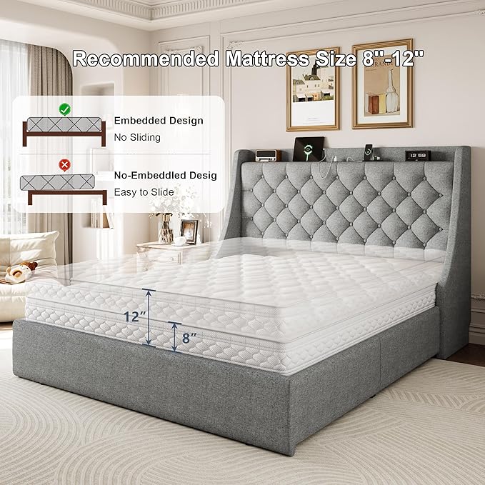 Full Size Upholstered Platform Bed Frame with 4 Storage Drawers and Charging Station, Linen Button Tufted Wingback Headboard, Sturdy Wooden Support Slats, No Box Spring Needed, Light Grey