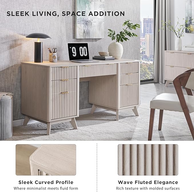 T4TREAM Modern Fluted Executive Desk with Drawers, 60" Home Office Computer Desk with Charging Station & Keyboard Tray, Alder White