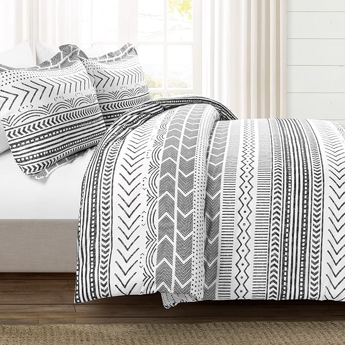 Lush Decor Hygge Geo Reversible 3 Piece Cotton Duvet Set, Full/Queen, Black & White