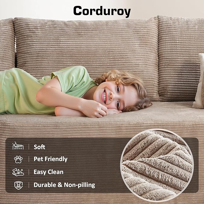 106" Cloud Sectional Couch with Chaise Lounge,L Shaped Modular Modern Sofa,Comfy Corduroy Fluffy Couches with Deep Seat,No Assembly Required Couch for Living Room(Left,Stripe Corduroy,Camel)
