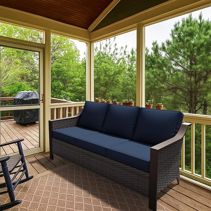 75" Patio Metal Wicker Sofa, 3-seat Deep Seat & Upholstered Couch, Outdoor All-Weather Rattan Loveseat with Washable Cushions, Steel Frame Couch, Garden (Navy Blue)