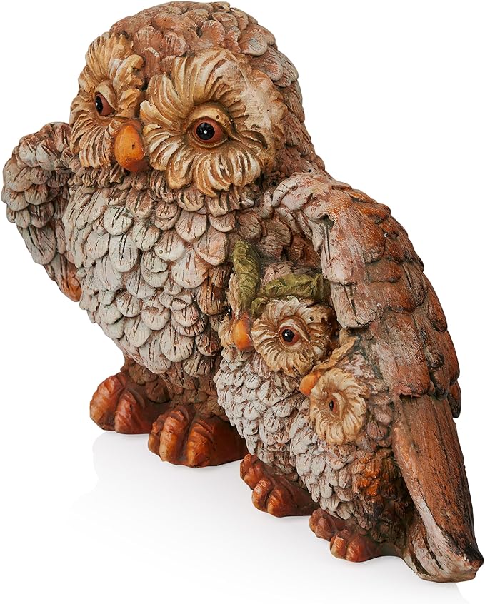 Alpine Corporation QFC366HH Indoor Outdoor Owl Mom Protecting Babies Garden Statue, Loving Owl Family Statue, 11" Tall, Brown